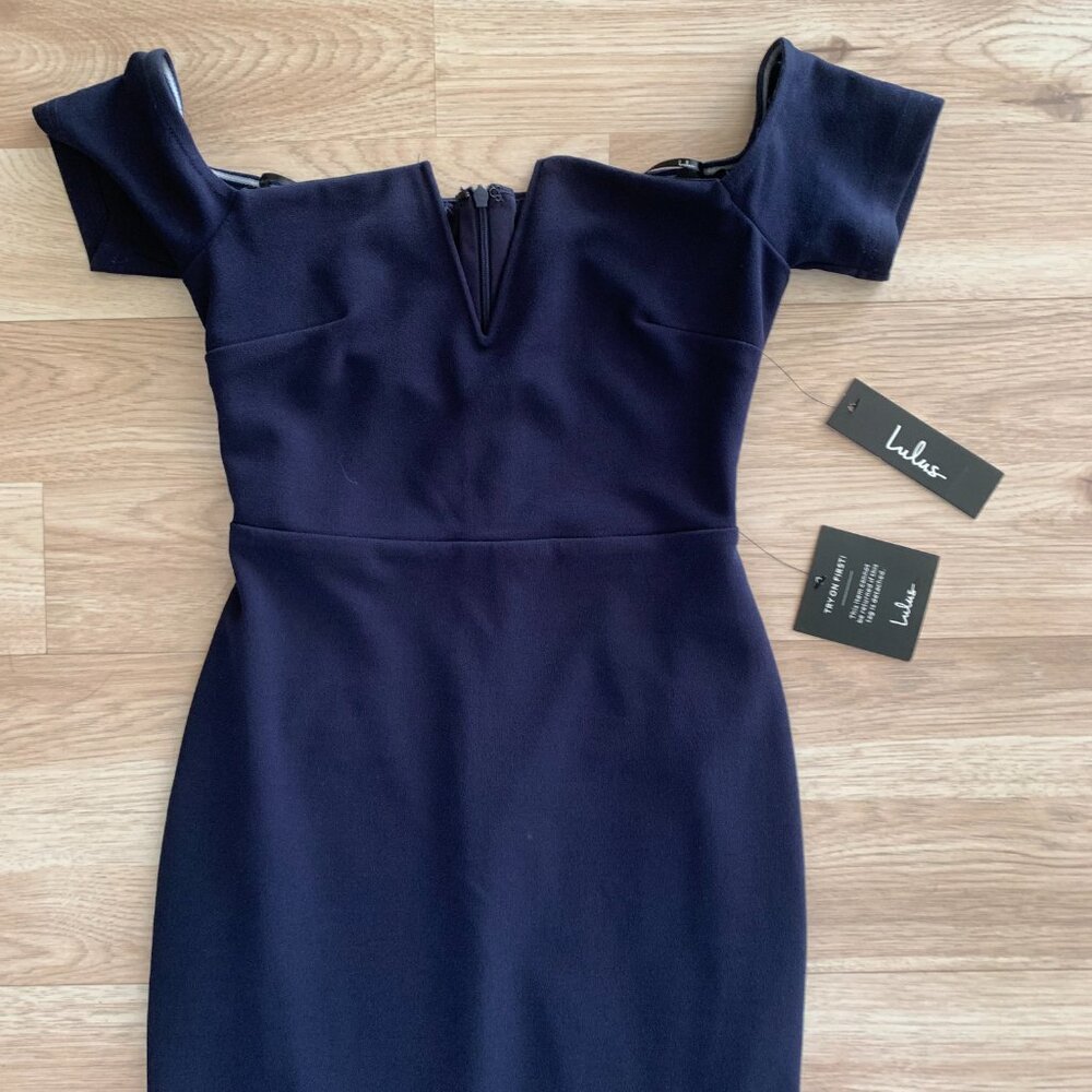 Dark Navy Blue Formal Off the Shoulder V Cut Long Maxi Dress - Picture 6 of 16